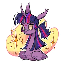Size: 1080x1080 | Tagged: safe, artist:lagoartz, derpibooru import, twilight sparkle, twilight sparkle (alicorn), alicorn, pony, alternate hairstyle, bags under eyes, big ears, big eyes, blue mane, bust, chest fluff, coat markings, colored pupils, colored sclera, curved horn, ear tufts, eye clipping through hair, eyebrows, eyebrows visible through hair, eyelashes, facial markings, female, folded wings, frown, g4, glasses, horn, image, long horn, long neck, mare, multicolored mane, png, ponytail, portrait, purple coat, round glasses, simple background, solo, sparkles, star (coat marking), straight mane, tied mane, unicorn horn, white background, wing fluff, wingding eyes, wings, yellow sclera