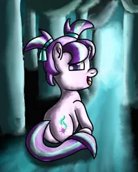 Size: 2400x3000 | Tagged: safe, artist:saburodaimando, derpibooru import, starlight glimmer, pony, unicorn, butt, female, filly, filly starlight glimmer, forest, g4, glimmer glutes, high res, horn, image, looking at you, looking back, looking back at you, nature, open mouth, open smile, pigtails, plot, png, smiling, solo, tree, younger