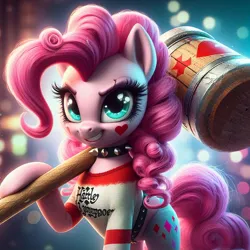 Size: 1024x1024 | Tagged: safe, ai content, derpibooru import, machine learning generated, pinkie pie, crossover, dc comics, generator:dall-e 3, harley quinn, image, jpeg, looking at you, makeup, mallet, smiling, smiling at you