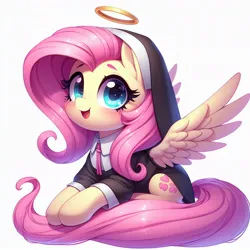 Size: 1024x1024 | Tagged: safe, ai content, derpibooru import, machine learning generated, fluttershy, pegasus, pony, cute, flutternun, generator:dall-e 3, halo, image, jpeg, looking at you, nun outfit, open mouth, open smile, shyabetes, simple background, smiling, spread wings, white background, wings