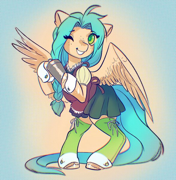 Size: 2007x2048 | Tagged: safe, artist:opalacorn, derpibooru import, oc, unofficial characters only, pegasus, pony, bartender, bipedal, clothes, eye clipping through hair, female, gradient background, grin, image, jpeg, mare, one eye closed, one wing out, skirt, smiling, solo, wings