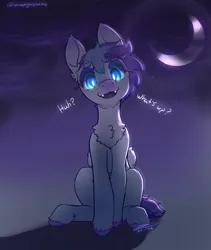 Size: 1600x1900 | Tagged: safe, artist:zephyrsplume, derpibooru import, oc, oc:sweetcloud, unofficial characters only, bat pony, hybrid, pegasus, pony, bat pony oc, bat wings, colored hooves, crescent moon, dark background, dialogue, fangs, glow, glowing eyes, head tilt, hybrid oc, image, moon, png, sitting, solo, wings