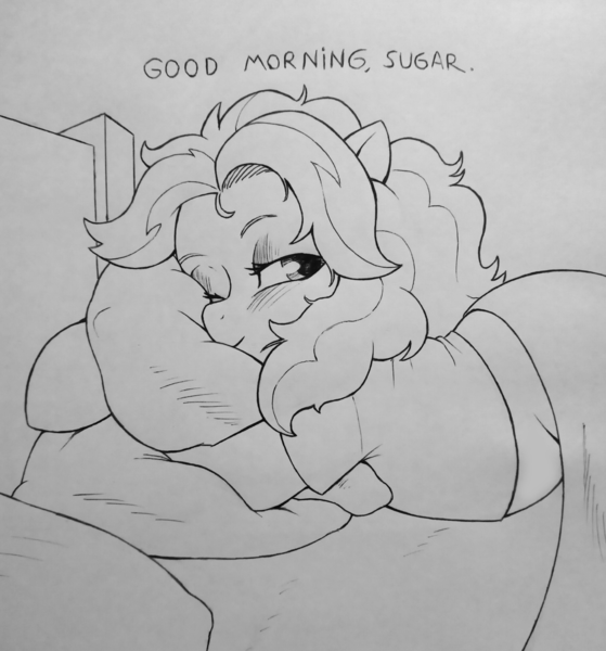 Size: 3034x3256 | Tagged: safe, artist:public mistake, derpibooru import, oc, oc:beach love, unofficial characters only, earth pony, pony, bed, female, grayscale, image, looking at you, mare, monochrome, morning ponies, one eye closed, pencil drawing, pillow, png, smiling, smiling at you, solo, talking to viewer, traditional art