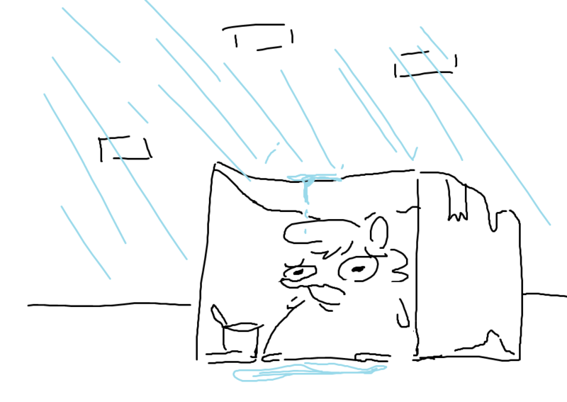 Size: 955x677 | Tagged: safe, artist:tjpones, derpibooru import, oc, oc:tjpones, unofficial characters only, earth pony, pony, box, cardboard box, doodle, frown, image, male, partial color, png, rain, simple background, sitting, solo, stallion, wavy mouth, white background