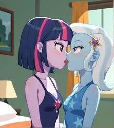 Size: 2896x3256 | Tagged: suggestive, ai content, derpibooru import, machine learning generated, prompter:thismaybeyou, stable diffusion, trixie, twilight sparkle, human, equestria girls, age difference, bedroom, big head, blushing, bobcut, breasts, busty trixie, busty twilight sparkle, duo, duo female, female, g4, hairpin, high res, human coloration, image, kissing, lesbian, looking at each other, looking at someone, one-piece swimsuit, open mouth, png, purple eyes, reasonably sized breasts, short hair, show accurate, small breasts, stars, swimsuit, teenage trixie, teenage twilight sparkle, teenager, tongue out, window