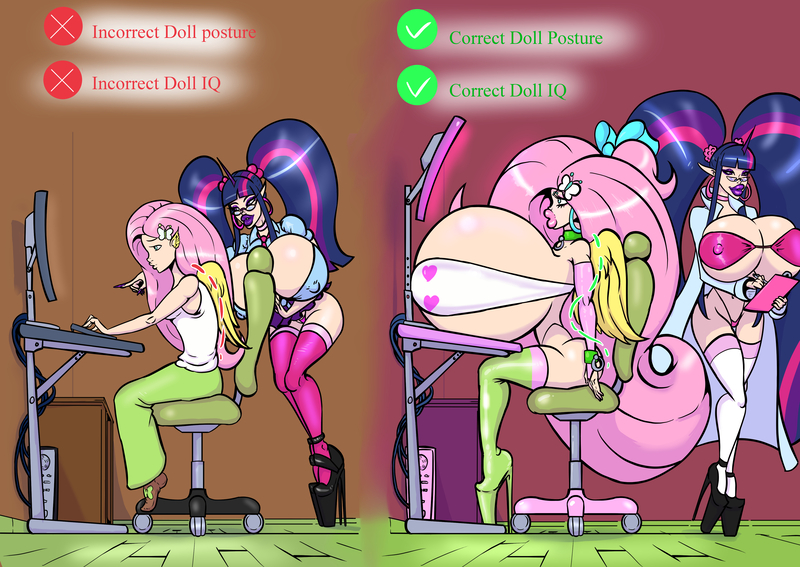 Size: 4300x3050 | Tagged: questionable, artist:bradtanker3, derpibooru import, fluttershy, sci-twi, twilight sparkle, human, equestria girls, before and after, big breasts, bikini, bikini top, bimbo, bimbo sci-twi, bimbo sparkle, bimboification, bimboshy, boots, bow, breasts, busty fluttershy, busty sci-twi, busty twilight sparkle, chair, choker, cleavage, clipboard, clothes, collar, computer, cuffs, desk, dick sucking lips, ear piercing, earring, elf ears, erect nipples, evening gloves, eyeshadow, feathered ears, female, females only, fingerless gloves, g4, glasses, gloves, hair bow, hairclip, high heel boots, high heels, hooped earrings, horn, horned humanization, huge breasts, humanized, hyper, hyper breasts, image, impossibly large breasts, jewelry, jpeg, keyboard, lab coat, latex, latex boots, lipstick, long gloves, makeup, meme, microskirt, miniskirt, monitor, necktie, nipple outline, panties, piercing, pigtails, pink eyeshadow, pink lipstick, platform boots, platform heels, purple eyeshadow, purple lipstick, scrunchie, sex doll, shoes, sideboob, skirt, slippers, socks, swimsuit, thigh highs, thong, twintails, typing, underwear, winged humanization, wings