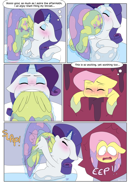 Size: 2894x4093 | Tagged: suggestive, artist:auroramint, artist:shoelace, derpibooru import, part of a set, fluttershy, rarity, pegasus, pony, unicorn, comic:rarity's delight, blushing, butt grab, butt touch, comic, commission, flutterprey, g4, grope, horn, image, magic, oral vore, png, raripred, spa, telekinesis, vore