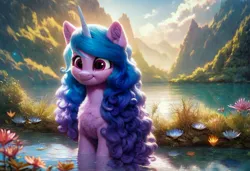 Size: 1216x832 | Tagged: safe, ai content, derpibooru import, machine learning generated, prompter:kluknawa235, stable diffusion, izzy moonbow, unicorn, g5, flower, generator:pony diffusion v6 xl, horn, image, jpeg, lake, nature, river, smiling, water