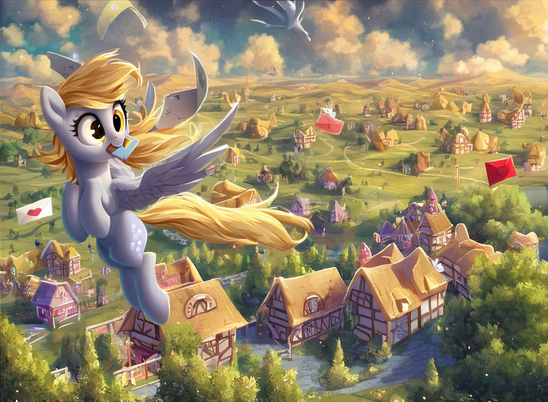 Size: 1200x880 | Tagged: safe, ai content, derpibooru import, machine learning generated, prompter:zzz1247, derpy hooves, pegasus, pony, pony town, flying, g4, image, mail, png, solo