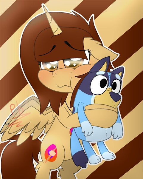 Size: 1599x2000 | Tagged: safe, artist:paintbrush569, derpibooru import, oc, unofficial characters only, alicorn, alicorn oc, bluey, bluey heeler, horn, image, jpeg, plushie, wings