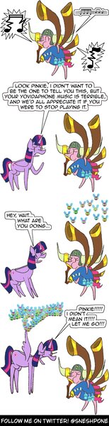 Size: 1000x3900 | Tagged: safe, artist:sneshpone, derpibooru import, pinkie pie, twilight sparkle, twilight sparkle (alicorn), alicorn, earth pony, parasprite, pony, image, jpeg, musical instrument, yovidaphone