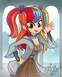 Size: 2015x2490 | Tagged: safe, artist:rjp.rammy, derpibooru import, oc, oc:satyr, human, equestria girls, adventure, age difference, alternate hairstyle, armband, beautiful, beautiful eyes, bow, breasts, castle, clothes, coat, female, g4, hair, hair bow, hairstyle, happy, humanized, humanized oc, image, jewelry, light skin, long dress, looking at you, multicolored hair, neck jewelry, open mouth, open smile, outdoors, pigtails, png, reasonably sized breasts, ribbon, sexy, smiling, smiling at you, solo, solo female, teenager