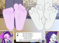Size: 1080x791 | Tagged: safe, artist:yungstuff, derpibooru import, rarity, starlight glimmer, human, equestria girls, barefoot, eyes closed, eyeshadow, feet, female, females only, fetish, foot fetish, foot focus, g4, image, makeup, png, singing, soles, speech, talking, toes, wiggling toes