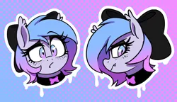 Size: 1618x931 | Tagged: safe, artist:thebatfang, ponerpics import, oc, oc:lucky roll, bat pony, pony, alternate design, alternate hairstyle, bow, bust, emo, female, freckles, frown, gradient background, hair bow, image, makeup, mare, png, portrait, solo