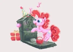Size: 4093x2894 | Tagged: safe, artist:xallaanacyoxcyor, derpibooru import, fluttershy, pinkie pie, earth pony, pony, bipedal, bipedal leaning, female, gravestone, hat, image, leaning, mare, music notes, party hat, png, present, simple background, solo