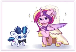 Size: 3200x2200 | Tagged: safe, artist:kindny-chan, derpibooru import, princess cadance, shining armor, alicorn, pony, unicorn, bowtie, chibi, clothes, dress, horn, image, jpeg, meme, size difference, the bride and the ugly ass groom, wedding dress