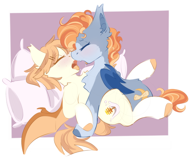 Size: 2139x1764 | Tagged: suggestive, artist:ezzerie, derpibooru import, oc, oc:honey milk, oc:snooze, unofficial characters only, bat pony, bat pony oc, bat wings, image, kissing, oc x oc, passepartout, pillow, png, shipping, wings