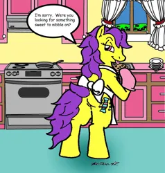 Size: 867x910 | Tagged: safe, artist:asuraludu, derpibooru import, bon bon (g1), earth pony, pony, g1, :p, apron, bedroom eyes, bipedal, bipedal leaning, clothes, cookie, female, food, image, jpeg, kitchen, leaning, looking back, mare, solo, speech bubble, tongue out