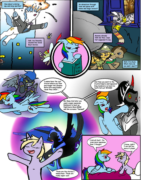 Size: 1002x1279 | Tagged: safe, artist:asuraludu, derpibooru import, daring do, descent, dinky hooves, doctor whooves, fancypants, king sombra, nightmare moon, rainbow dash, time turner, zecora, alicorn, parasprite, pegasus, pony, unicorn, bed, bedtime story, blade, book, boulder, comic, doctor who, excited, explosion, falling, female, filly, foal, horn, image, james bond, male, mare, png, punch, shadowbolts, shuriken, stallion, tardis, tongue out, weapon, wingblade