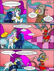 Size: 961x1280 | Tagged: safe, artist:asuraludu, derpibooru import, discord, princess celestia, princess luna, alicorn, draconequus, pony, annoyed, butt, camera, chaos, cheerleader, cheerleader outfit, clothes, comic, discorded landscape, fat shaming, female, glasses, image, jpeg, mare, plot, scarf, tail, tail pull
