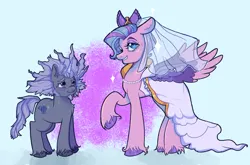Size: 1888x1243 | Tagged: safe, artist:kreeeeeez, derpibooru import, queen haven, pegasus, pony, unicorn, g5, alphabittle blossomforth, female, horn, image, male, mare, meme, png, ship:alphahaven, shipping, size difference, stallion, straight, the bride and the ugly ass groom