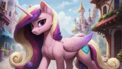 Size: 1920x1080 | Tagged: safe, ai content, derpibooru import, machine learning generated, prompter:truekry, stable diffusion, princess cadance, alicorn, pony, canterlot, g4, generator:pony diffusion v6 xl, image, looking at you, png, smiling, smiling at you, wallpaper