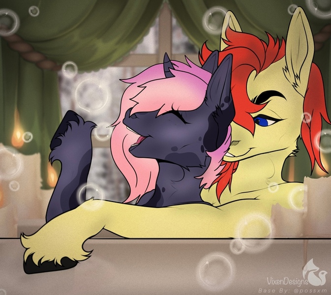Size: 1170x1043 | Tagged: safe, artist:vixen_mistress, derpibooru import, oc, oc:artsypaws, oc:jay mihay, pegasus, pony, unicorn, bath, bathtub, bubble, candle, closed mouth, commission, curved horn, cute, derpibooru exclusive, female, g4, grin, happy, hooves, horn, image, jpeg, male, mare, monochrome, oc x oc, open mouth, photo, raised hoof, relationship, relaxed, relaxing, romance, romantic, shipping, smiling, snoot, stallion, teeth, tongue out