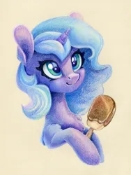 Size: 904x1200 | Tagged: safe, artist:maytee, derpibooru import, princess luna, alicorn, pony, bust, chest fluff, cute, female, filly, food, g4, ice cream, image, png, portrait, simple background, solo, traditional art, woona, younger