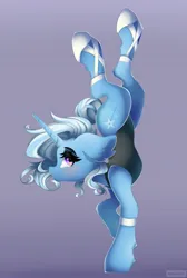 Size: 1719x2560 | Tagged: safe, artist:natanvok, derpibooru import, trixie, pony, unicorn, ballet slippers, ear fluff, eyebrows, female, g4, gradient background, handstand, high res, horn, image, jpeg, mare, profile, solo, standing, standing on one leg, upside down