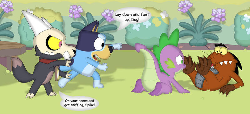 Size: 1322x604 | Tagged: safe, artist:porygon2z, derpibooru import, spike, beaver, dog, dragon, angry beavers, australian cattle dog, bluey, bluey heeler, crossover, daggett doofus beaver, dialogue, feet, female, g4, image, jpeg, king clawthorne, male, sniffing, the owl house, wingless spike