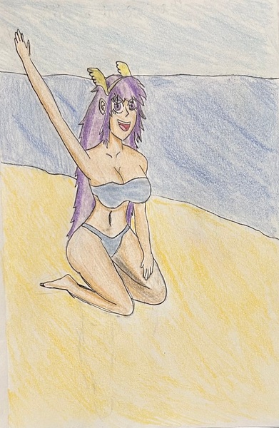 Size: 1290x1979 | Tagged: questionable, artist:martialarts2003, derpibooru import, oc, oc:athena (shawn keller), human, equestria girls, beach, belly button, clothes, colored pencil drawing, g4, guardians of pondonia, hand on leg, image, jpeg, ocean, sand, smiling, swimsuit, traditional art, water, waving