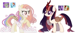 Size: 5656x2518 | Tagged: safe, artist:posey-11, derpibooru import, autumn blaze, fluttershy, rainbow dash, twilight sparkle, twilight sparkle (alicorn), oc, unofficial characters only, alicorn, bat pony, hybrid, kirin, pony, winged kirin, base used, bat ponified, bat pony oc, bat wings, closed mouth, cloud mane, cloud tail, cloven hooves, colored hooves, colored wings, duo, duo female, ear tufts, eyelashes, fangs, female, flutterbat, folded wings, gradient mane, gradient tail, hybrid oc, image, kirin hybrid, magical lesbian spawn, mare, multicolored hair, offspring, open mouth, open smile, parent:autumn blaze, parent:flutterbat, parent:fluttershy, parent:rainbow dash, parent:twilight sparkle, parents:flutterdash, parents:twiblaze, png, purple eyes, race swap, rainbow hair, raised hoof, red eyes, simple background, smiling, standing, tail, transparent background, wings