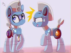 Size: 1440x1080 | Tagged: safe, artist:trackheadtherobopony, derpibooru import, oc, oc:silverstream (robot pony), oc:trackhead, pony, robot, robot pony, emanata, image, png, shocked, sweat, sweatdrop