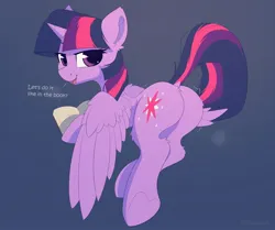 Size: 3000x2504 | Tagged: suggestive, artist:anti1mozg, derpibooru import, twilight sparkle, twilight sparkle (alicorn), alicorn, pony, book, butt, dock, ear fluff, female, g4, high res, hoof heart, horn, image, jpeg, leg fluff, looking at you, looking back, looking back at you, mare, open mouth, open smile, plot, presenting, rear view, smiling, smiling at you, solo, solo female, spread wings, tail, twibutt, underhoof, wings