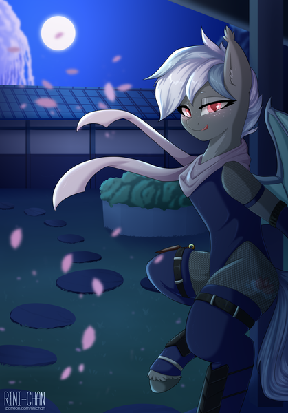 Size: 1746x2500 | Tagged: safe, artist:rinikka, derpibooru import, bat pony, undead, vampire, vampony, cherry blossoms, clothes, flower, flower blossom, image, moon, night, png, red eyes, scarf