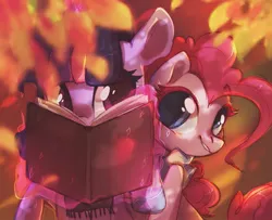 Size: 1301x1056 | Tagged: safe, artist:helune, derpibooru import, pinkie pie, twilight sparkle, earth pony, pony, unicorn, autumn, book, clothes, duo, duo female, eye contact, female, g4, glow, glowing horn, horn, image, jpeg, levitation, looking at each other, looking at someone, magic, magic aura, mare, scarf, smiling, striped scarf, telekinesis