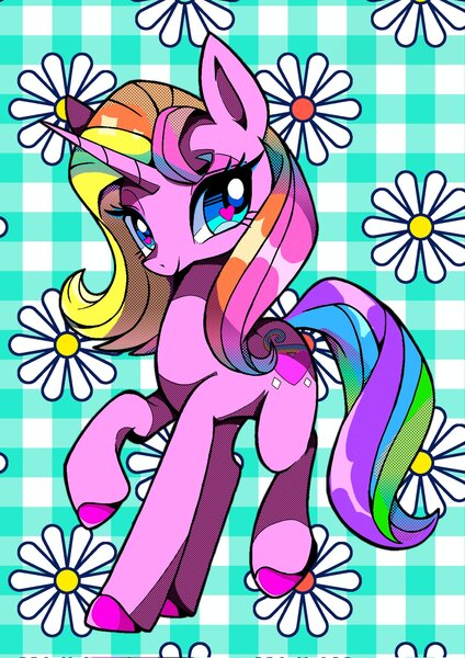 Size: 1448x2048 | Tagged: safe, artist:stacy_165cut, derpibooru import, rarity (g3), pony, unicorn, g3, female, flower, heart, heart eyes, horn, image, jpeg, looking at you, mare, plaid background, smiling, smiling at you, solo, wingding eyes