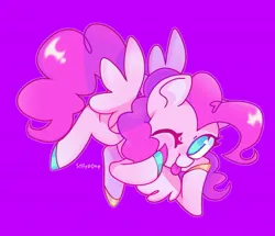 Size: 2489x2141 | Tagged: safe, artist:sillyp0ne, derpibooru import, pinkie pie, pegasus, pony, alternate design, blue eyes, blush sticker, blushing, chest fluff, colored hooves, colored muzzle, colored pinnae, curly mane, curly tail, female, flying, g4, hooves, hooves on face, image, in air, jpeg, long mane, long tail, looking at you, mare, multicolored hooves, nose blush, one eye closed, pegasus pinkie pie, pink coat, pink mane, pink tail, purple background, race swap, shiny hoof, shiny mane, shiny tail, signature, simple background, smiling, smiling at you, solo, spread wings, tail, tongue out, wingding eyes, wings
