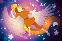 Size: 1600x1060 | Tagged: safe, artist:sunny way, derpibooru import, anthro, pegasus, pony, art, artwork, clothes, commission, confused, cute, digital art, falling, feather, female, finished commission, g4, image, mare, outfit, overalls, png, portal, solo, stars, thin, wings