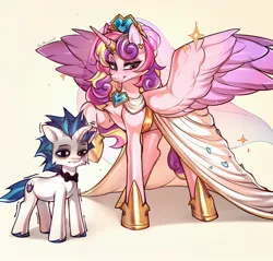 Size: 2048x1960 | Tagged: safe, artist:minekoo2, derpibooru import, princess cadance, shining armor, alicorn, pony, unicorn, blank stare, bowtie, clothes, dress, duo, female, floppy horn, height difference, horn, horseshoes, image, jewelry, jpeg, male, mare, meme, raised hoof, shivering, simple background, smiling, sparkles, spread wings, stallion, the bride and the ugly ass groom, tiara, wings