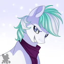 Size: 1600x1600 | Tagged: safe, artist:uunicornicc, derpibooru import, double diamond, earth pony, pony, clothes, gradient background, grin, handsome, image, male, png, scarf, smiling, solo, stallion, toothy grin