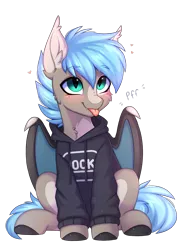 Size: 2880x3935 | Tagged: safe, artist:pesty_skillengton, derpibooru import, oc, unofficial characters only, bat pony, pony, :p, bat pony oc, bat wings, clothes, cute, ear fluff, hoodie, image, png, simple background, solo, tongue out, transparent background, wings
