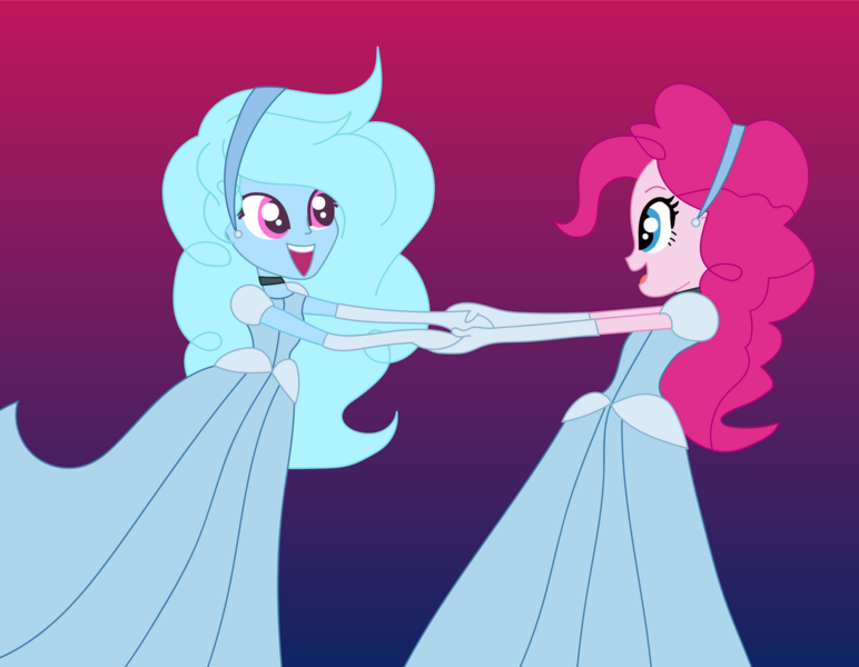 Size: 1280x995 | Tagged: safe, artist:metaengine03, artist:vivithefolle, derpibooru import, pinkie pie, oc, oc:jemimasparkle, human, equestria girls, canon x oc, choker, cinderella, clothes, dancing, dress, evening gloves, female, g4, gloves, gown, headband, holding hands, humanized, image, lesbian, long gloves, looking at each other, looking at someone, open mouth, open smile, png, poofy shoulders, smiling, smiling at each other, waltz