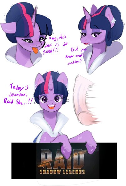 Size: 1384x2048 | Tagged: questionable, artist:raljoy, derpibooru import, twilight sparkle, dildo, funny, funny porn, horny, image, jpeg, raid: shadow legends, sex toy