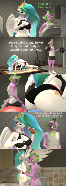 Size: 1920x5400 | Tagged: questionable, artist:papadragon69, derpibooru import, princess celestia, spike, anthro, dragon, 3d, breasts, busty princess celestia, butt, comic, dragonbutt, exercise, exercise ball, female, image, implied shipping, implied sparity, implied straight, male, older, older spike, png, ship:spikelestia, shipping, shower, source filmmaker, straight, sunbutt, treadmill, washing, water bottle, weights, workout outfit
