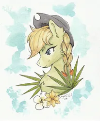 Size: 3385x4101 | Tagged: safe, artist:lightisanasshole, derpibooru import, oc, unofficial characters only, earth pony, pony, braid, bust, cowboy hat, flower, hat, image, jpeg, leaf, solo, traditional art, watercolor painting