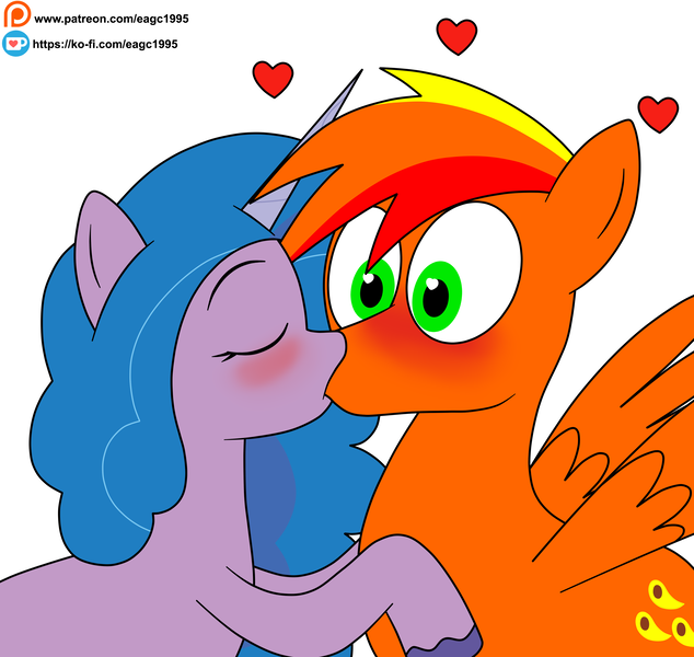 Size: 3601x3410 | Tagged: safe, artist:eagc7, derpibooru import, izzy moonbow, oc, oc:asteroid angus, g5, blushing, canon x oc, female, image, kissing, ko-fi, male, patreon, patreon reward, png, simple background, straight, white background