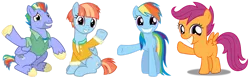 Size: 1280x402 | Tagged: safe, alternate version, artist:cloudy glow, artist:dashiesparkle, artist:tomfraggle, artist:twilyisbestpone, derpibooru import, bow hothoof, rainbow dash, scootaloo, windy whistles, pegasus, pony, adopted, adopted daughter, adopted offspring, alternate, big grin, bowabetes, clothes, cute, cutealoo, dashabetes, family, father and child, father and daughter, female, filly, foal, grin, image, jacket, male, mare, mother and child, mother and daughter, png, scootadoption, scootalove, siblings, sisters, sitting, smiling, spread wings, stallion, waving, waving at you, windybetes, wings