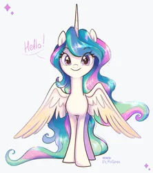 Size: 2663x3000 | Tagged: safe, artist:askometa, derpibooru import, princess celestia, alicorn, pony, alternate design, colored wings, cute, eye clipping through hair, eyebrows, eyebrows visible through hair, front view, image, looking at you, multicolored hair, multicolored mane, multicolored tail, png, simple background, smiling, smiling at you, solo, spread wings, tail, text, wavy hair, wavy mane, wavy tail, white background, wings, young