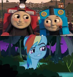 Size: 1024x1079 | Tagged: artist needed, safe, anonymous artist, derpibooru import, edit, edited screencap, screencap, rainbow dash, pegasus, pony, daring don't, blushing, crossover, female, flower, freckles, grin, image, locomotive, looking at each other, looking at someone, male, mare, meme, png, rainbow dash is best facemaker, rose, rosie (taf), rosie is red, shipper on deck, shipping, smiling, smiling at each other, smirk, thomas and friends, thomas the tank engine, train